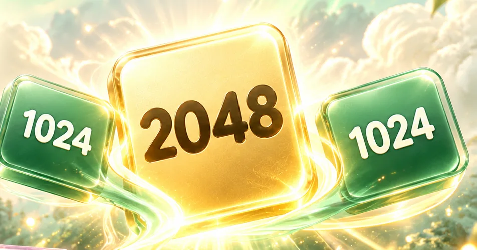 Two green 1024 tiles beside a golden 2048 tile illustrating the final merge