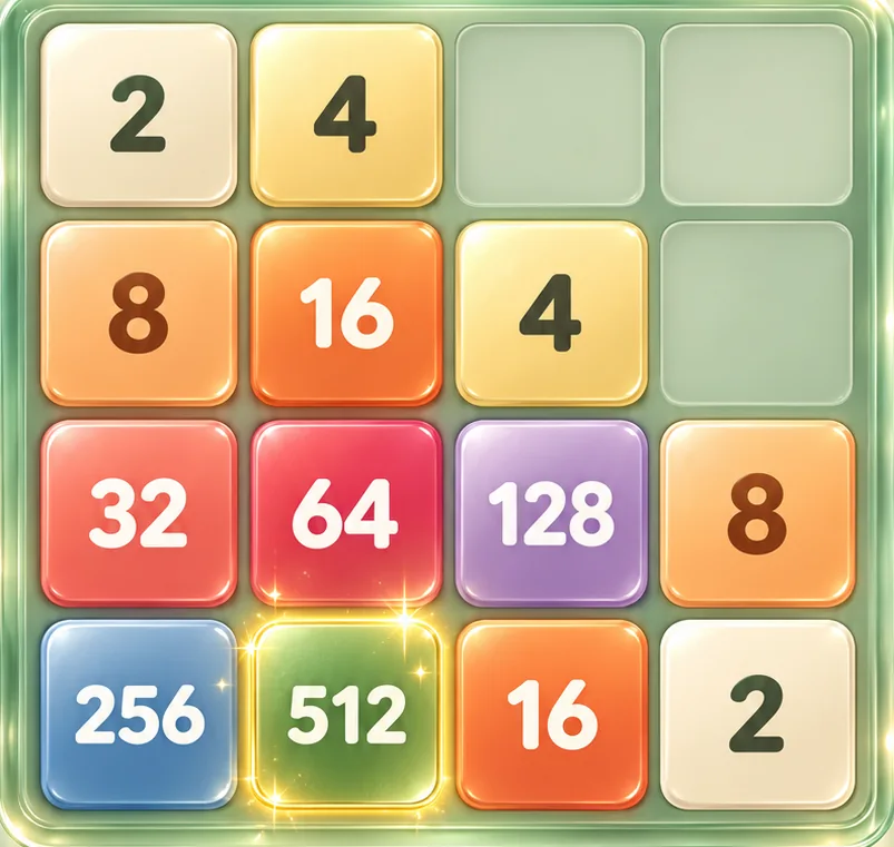 Ilustrowana plansza 2048 z pustymi polami u góry po prawej oraz 256 i 512 w dolnym rzędzie