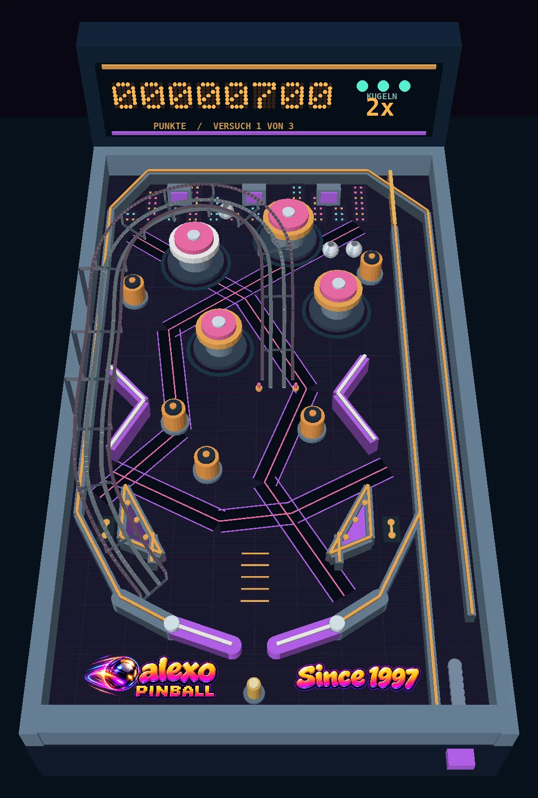 Simulierte Multiball-Szene in ALEXO PINBALL mit drei aktiven Kugeln und erhöhtem Multiplikator im Tischdisplay