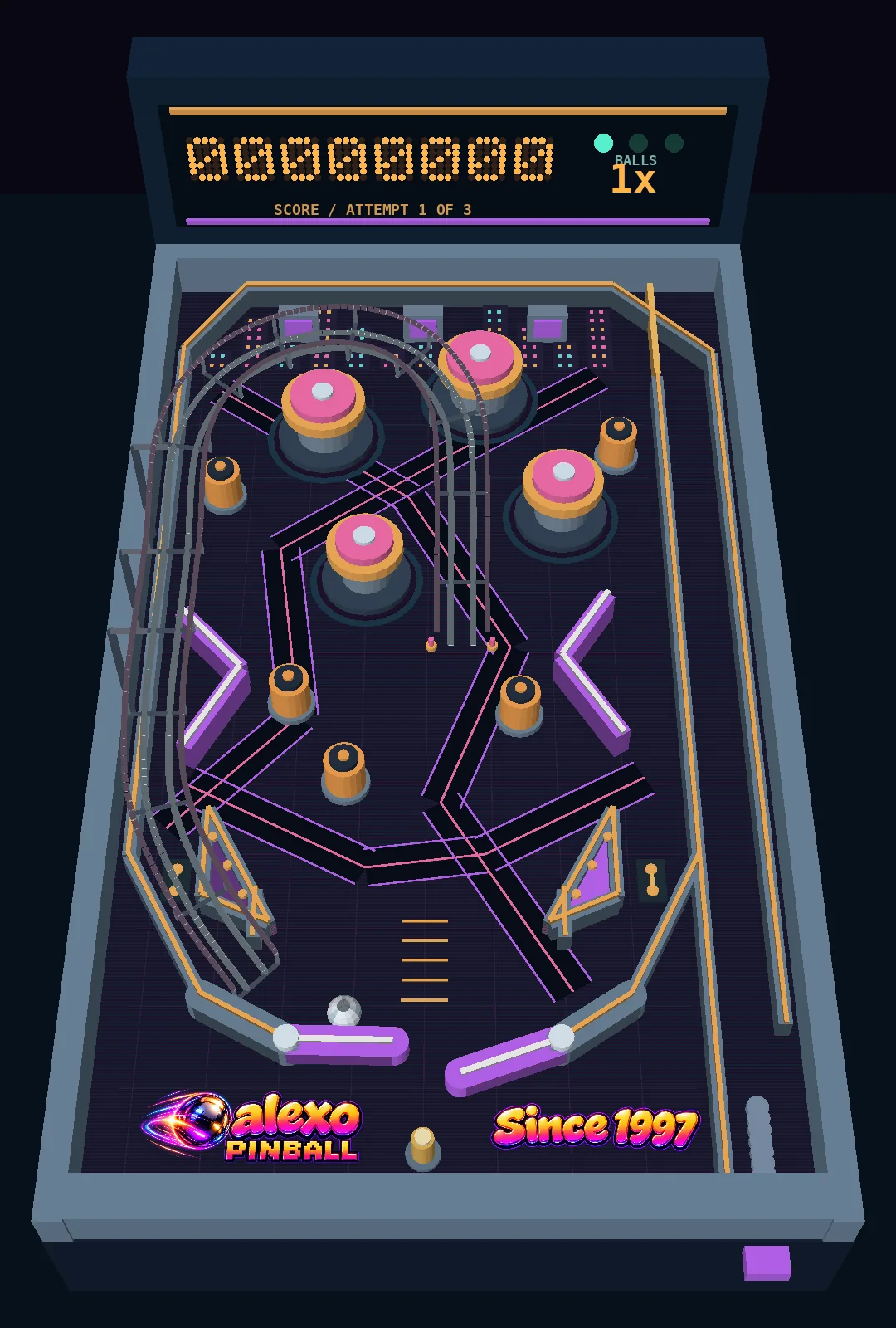 Simulated ALEXO PINBALL scene showing ball contact with the raised left flipper.