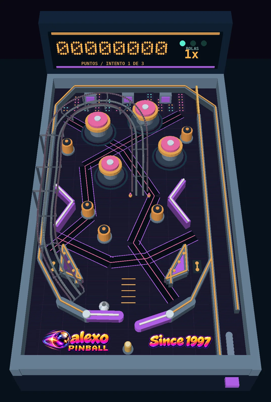 Escena simulada de ALEXO PINBALL con la bola en contacto con el flipper izquierdo levantado.