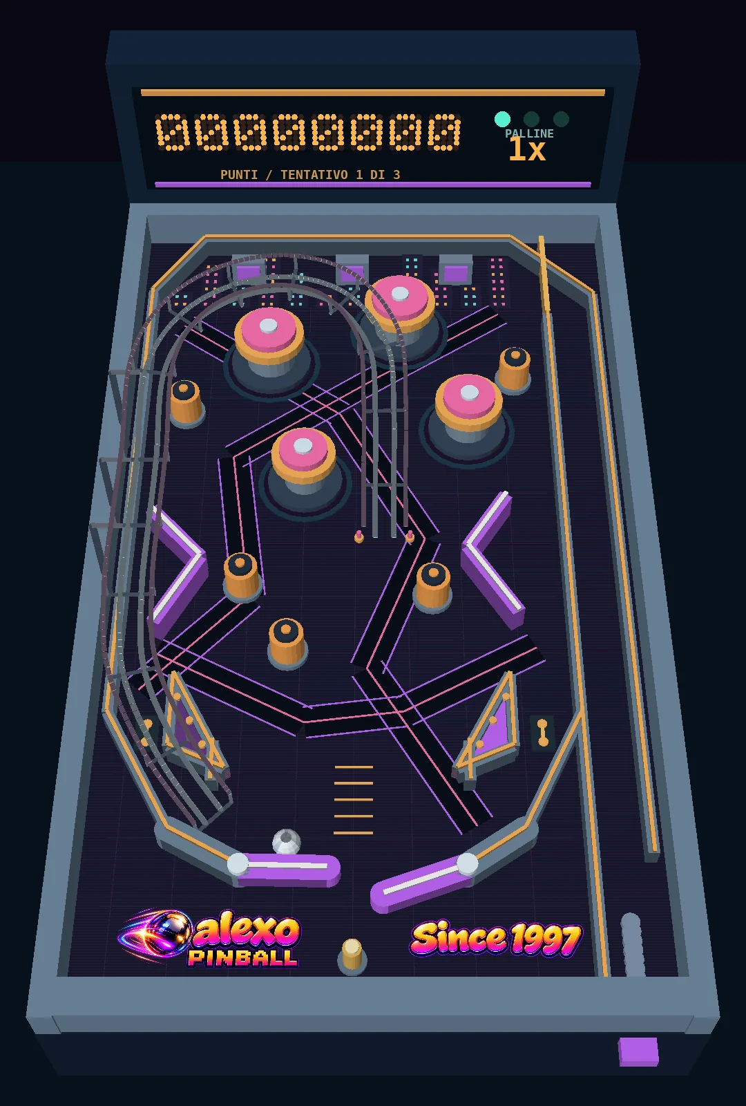Scena simulata di ALEXO PINBALL con la pallina a contatto con il flipper sinistro alzato.