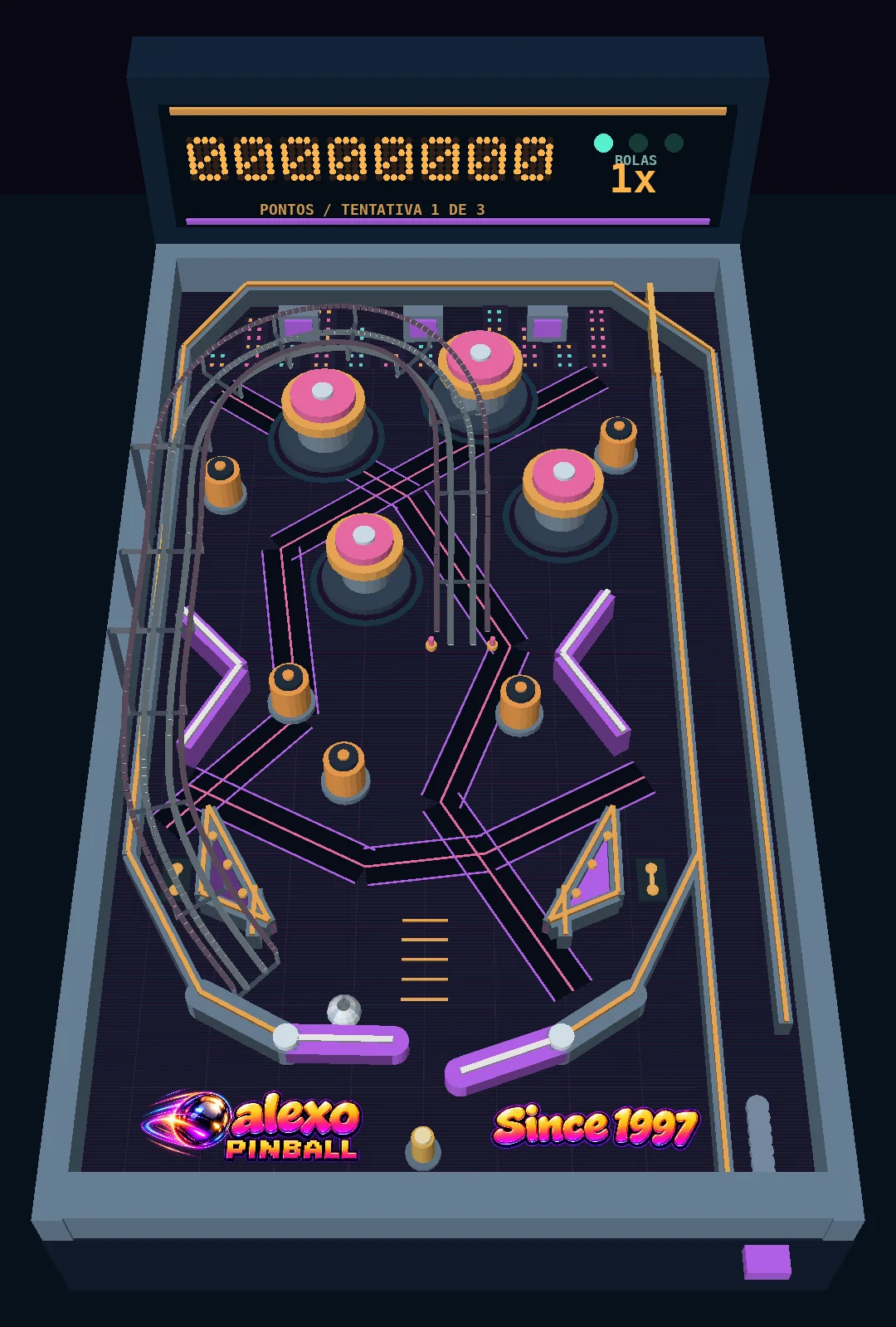 Cena simulada de ALEXO PINBALL com a bola em contato com o flipper esquerdo levantado.