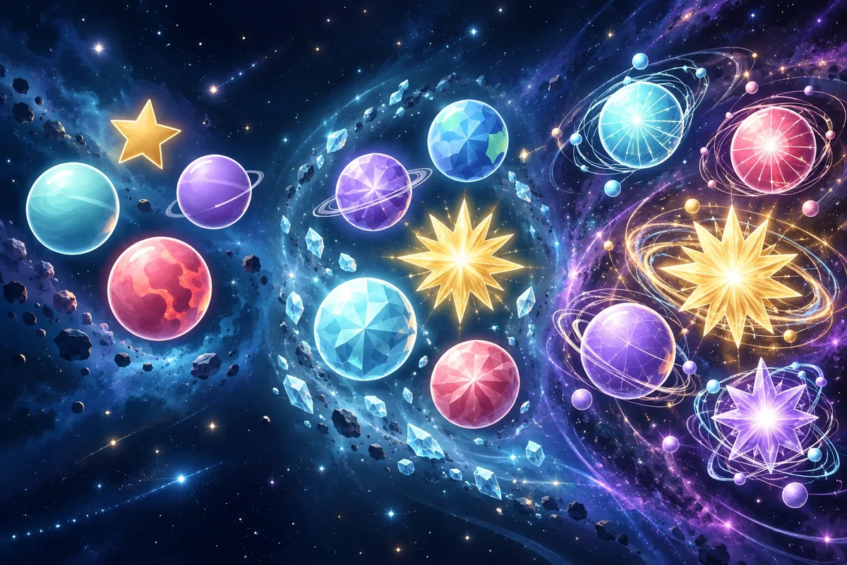 Einfache Planeten gehen in facettierte Kristallmotive und komplexe Himmelskörper mit Ringen und Monden über.