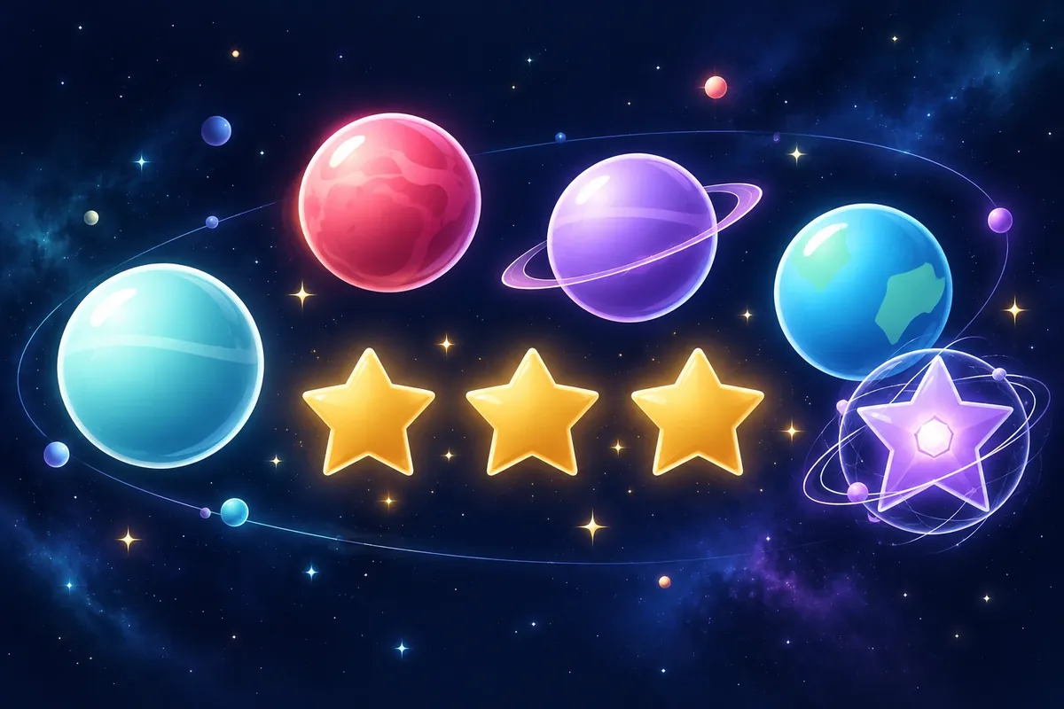 Three golden stars in a row between turquoise water planets, red planets and violet ringed planets.