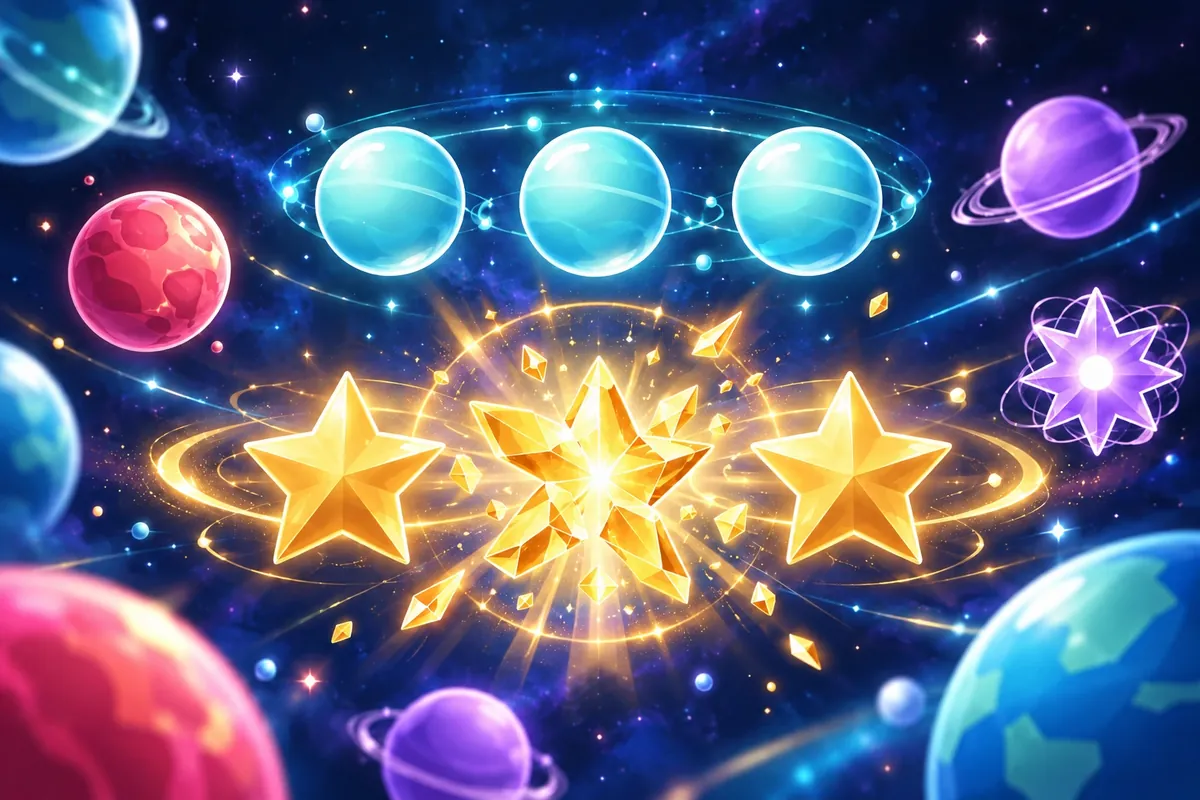 A golden star shatters between two other stars, with three turquoise planets above the line.