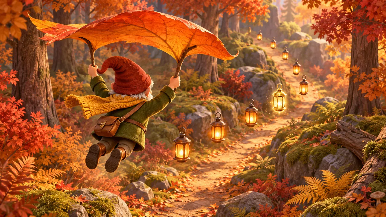 Illustration: Milo glides beneath an orange leaf towards ordinary lanterns and a golden lantern.