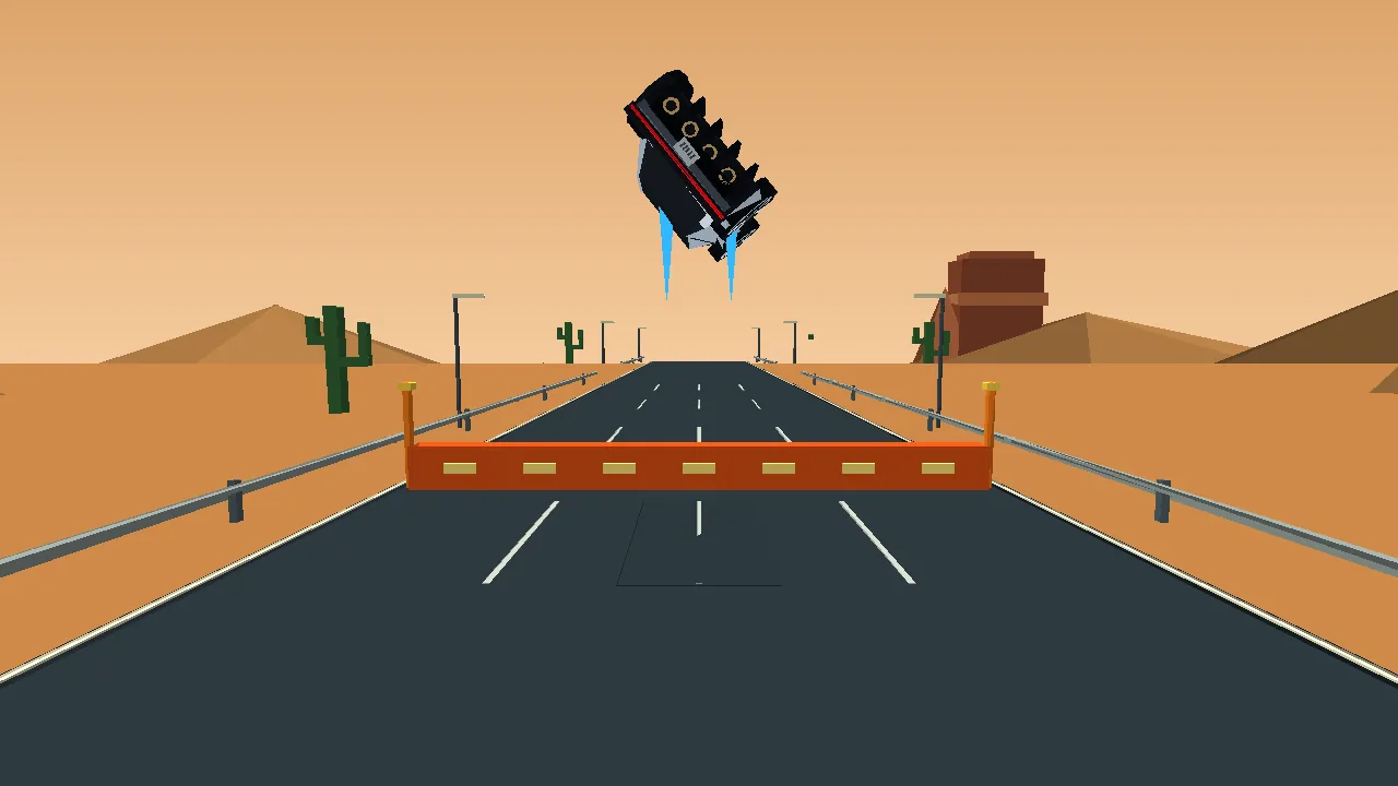 Roadster rolling in the air above an orange barrier in the desert