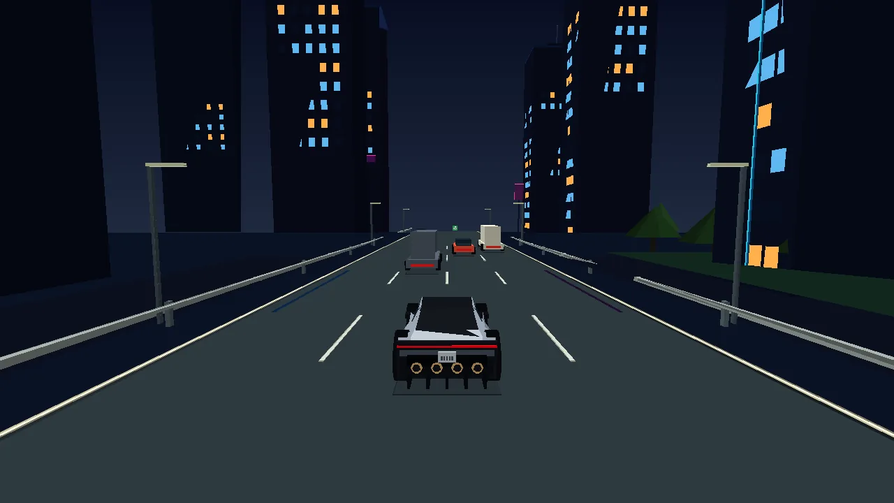 Silver roadster facing cars and trucks on a city motorway at night