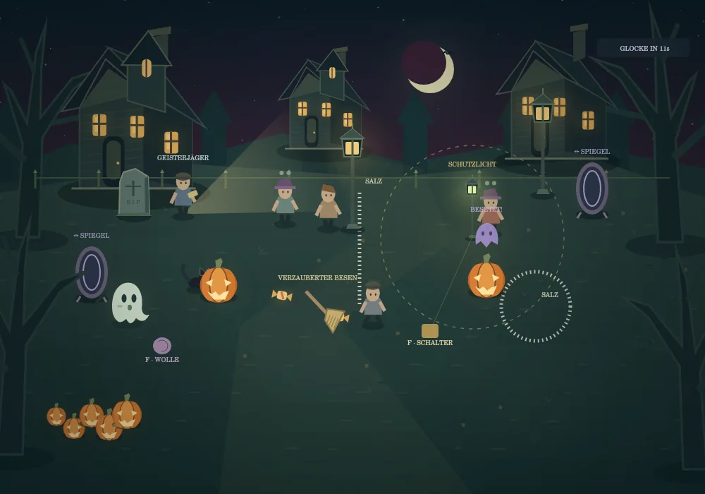 Two cursed mirrors, a purple rival ghost above a pumpkin and an enchanted broom
