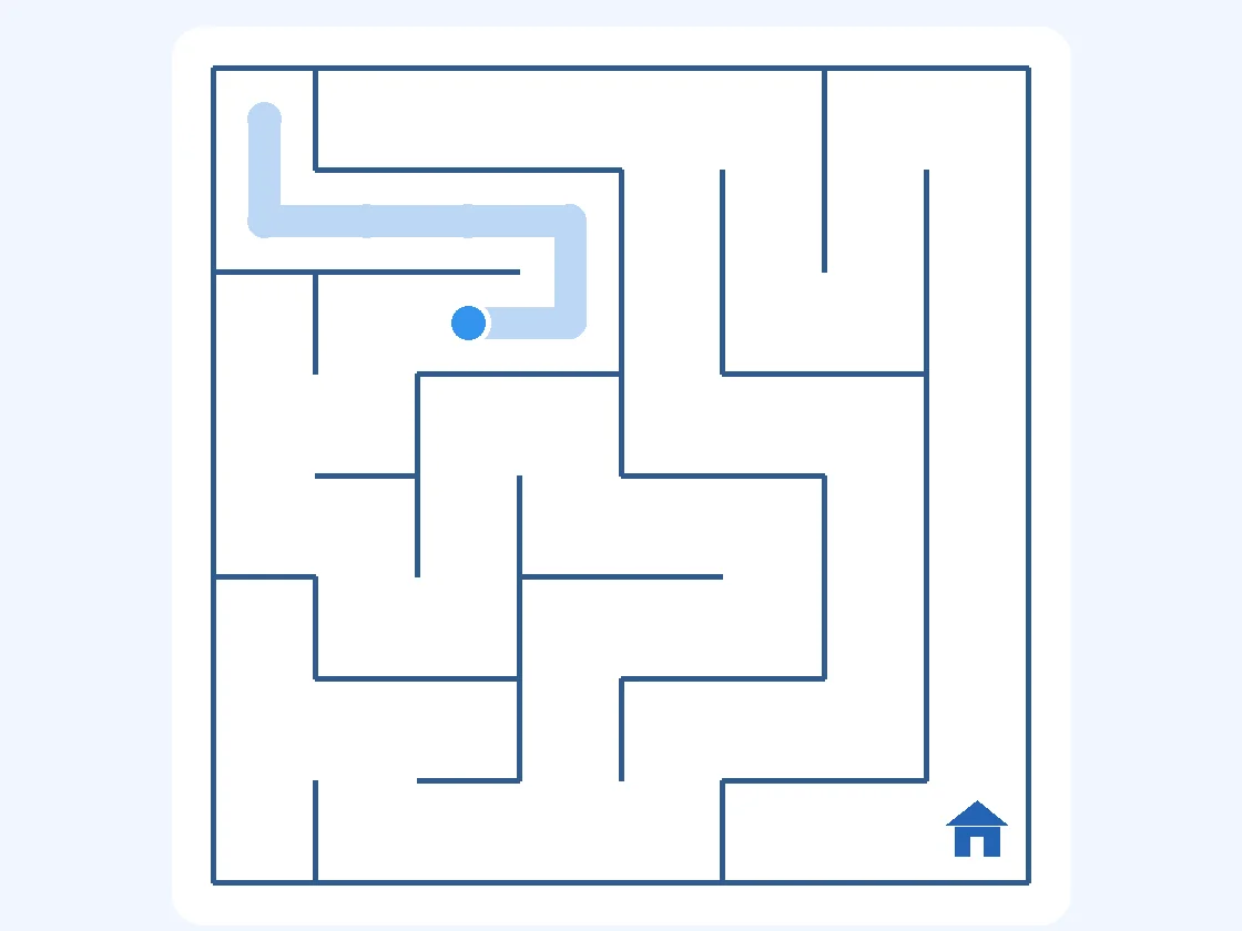 Labyrinth aus Level 1 mit blauer Wegspur und einer markierten Abzweigung