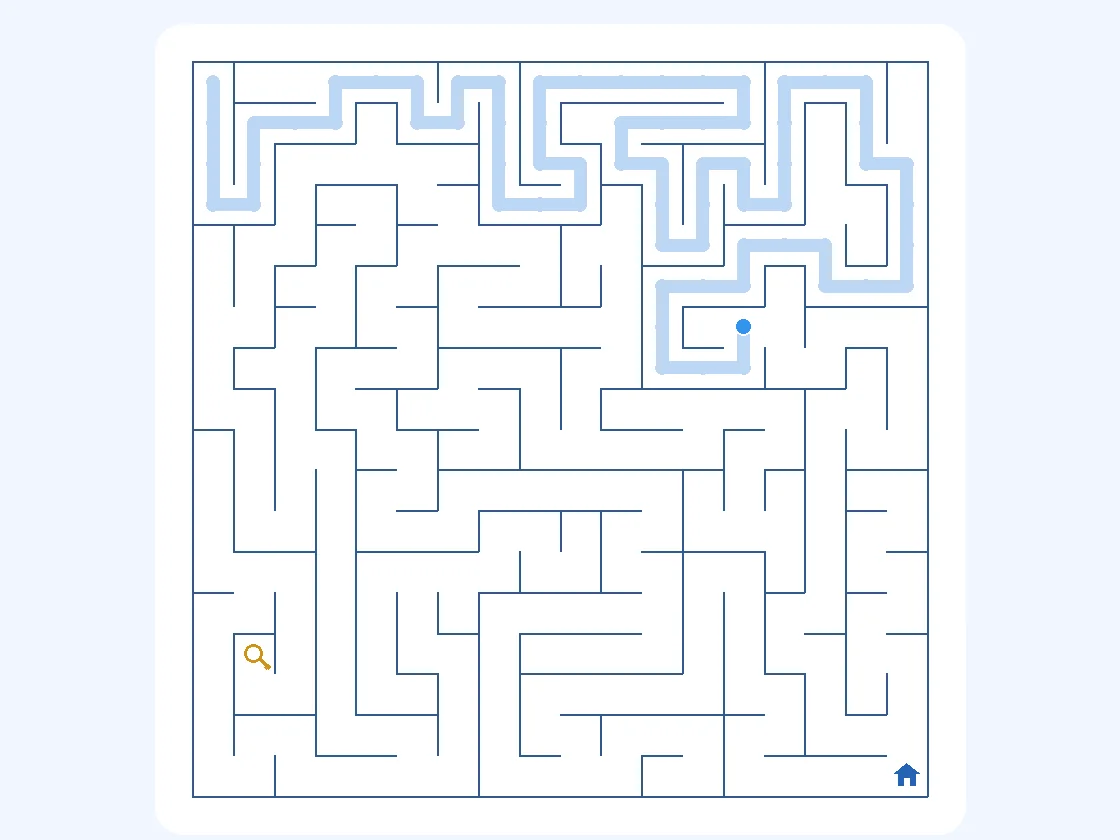 Level 47 maze showing a key in a side branch away from the house