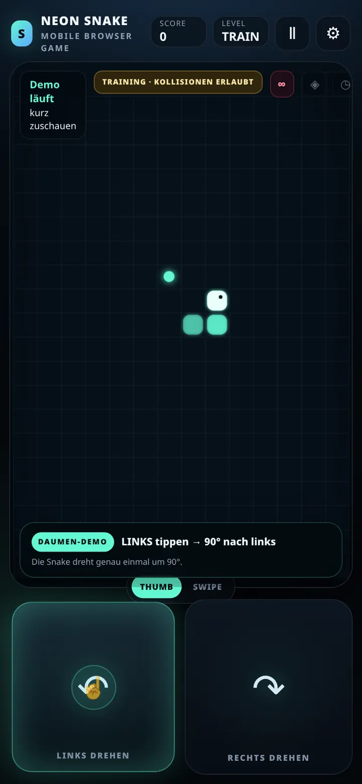 NEON SNAKE Daumensteuerung im Browser mit großen Links- und Rechts-Touchflächen und eingeblendeter Trainingshilfe