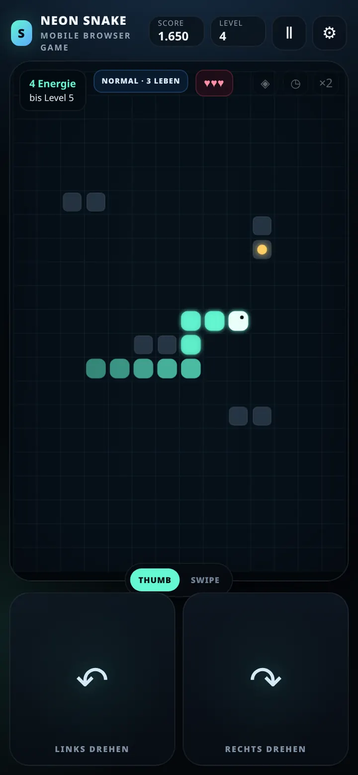 NEON SNAKE in Level 4 mit längerer Schlange, festen Hindernissen und goldenem Power-up auf dem Spielfeld