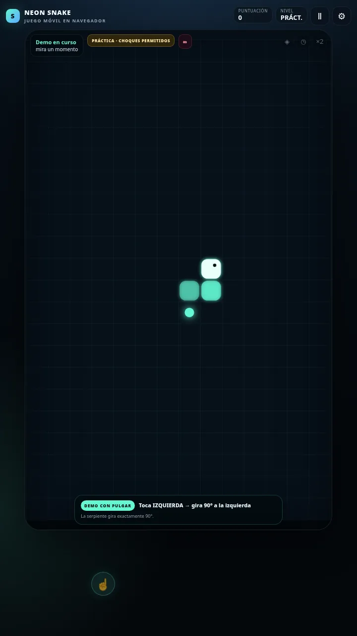Tutorial de NEON SNAKE con control de pulgar, grandes zonas para girar a izquierda y derecha y demostración en el navegador móvil