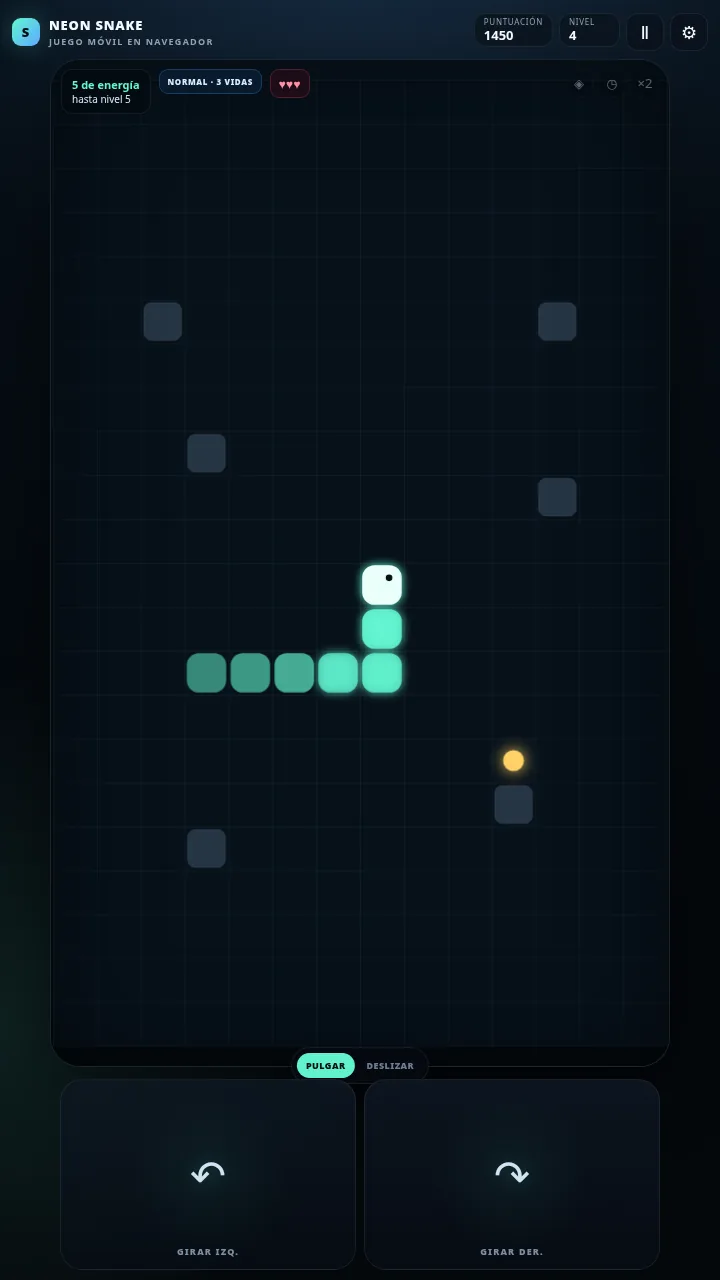 Partida de NEON SNAKE en el nivel 4 con serpiente más larga, obstáculos fijos y un potenciador de escudo en la cuadrícula