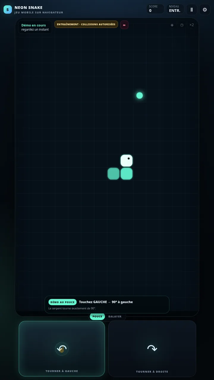 Entraînement NEON SNAKE avec contrôle au pouce, grandes zones gauche et droite et démonstration sur le plateau mobile