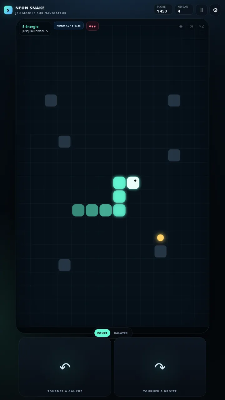 NEON SNAKE au niveau 4 avec serpent plus long, obstacles fixes et bonus bouclier sur la grille
