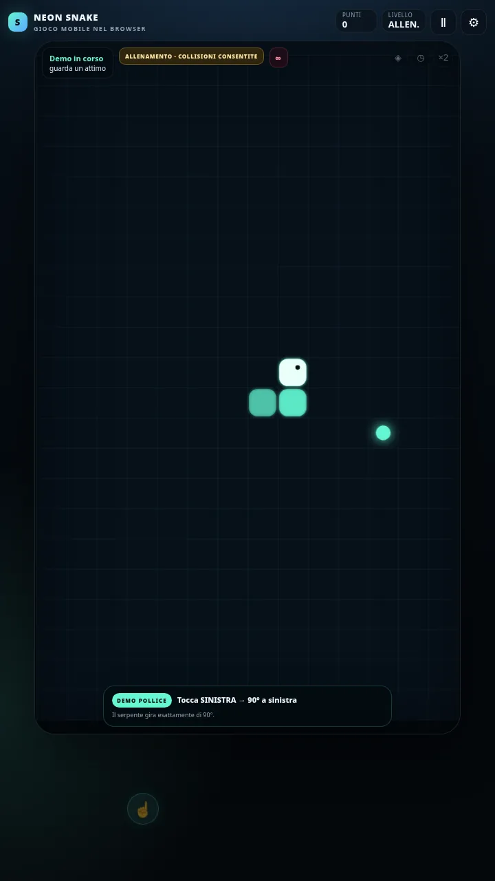Allenamento di NEON SNAKE con controllo col pollice, grandi aree sinistra e destra e dimostrazione sul campo mobile