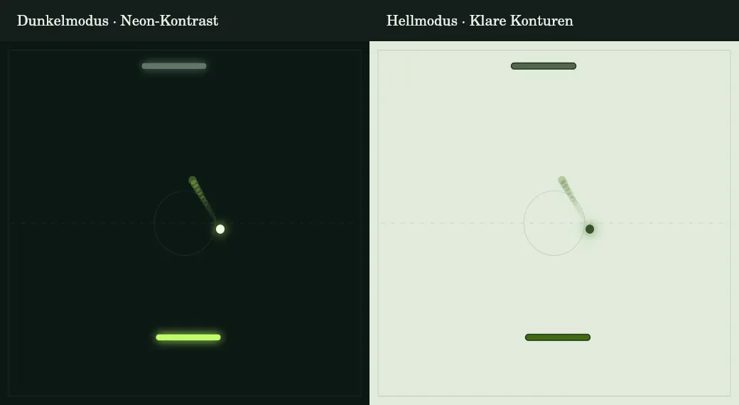 PONG im Dunkelmodus und Hellmodus mit unterschiedlich kontrastierten Schlägern.