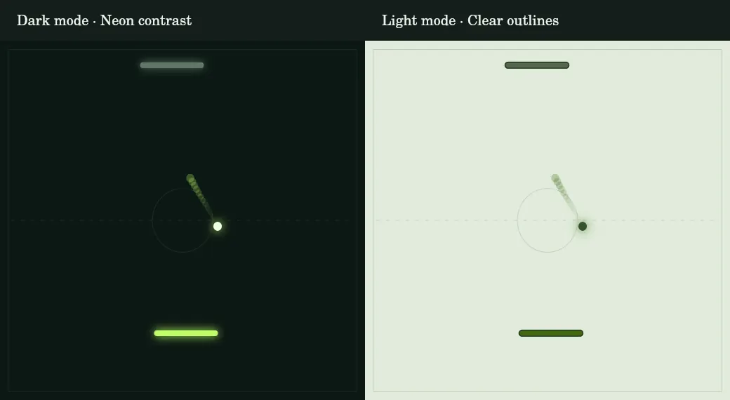 Both colour modes use the same gameplay. Paddle colours and outlines adapt.