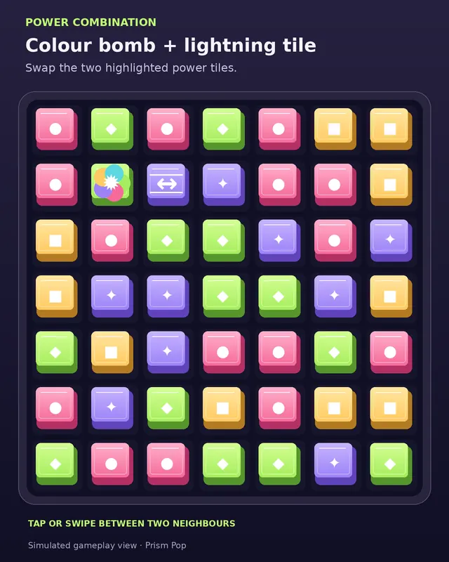 Simulated Prism Pop board with a colour bomb next to a lightning tile