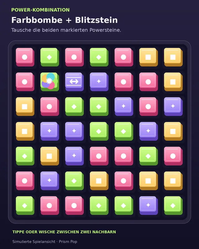 Simulierte Prism Pop-Spielsituation mit benachbarter Farbbombe und Blitzstein