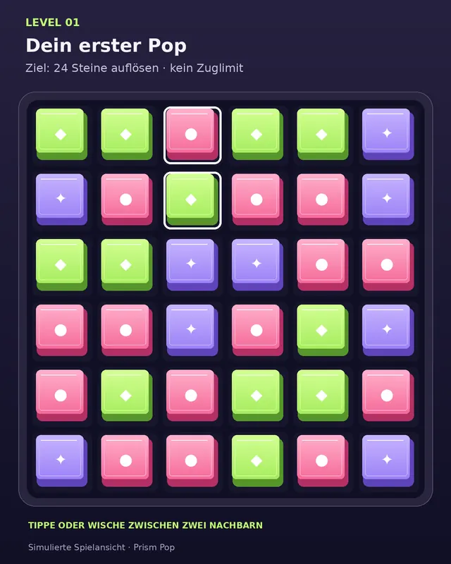 Simulierte Spielansicht des ersten Prism Pop-Levels mit großen bunten Steinen und markiertem Tauschtipp
