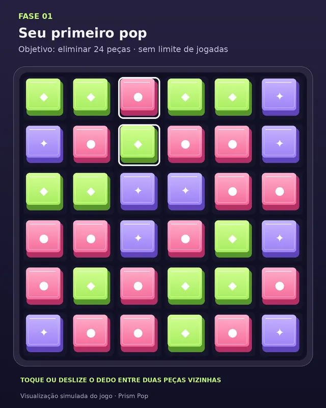 Visualização simulada da primeira fase de Prism Pop, com peças coloridas grandes e uma dica de troca destacada