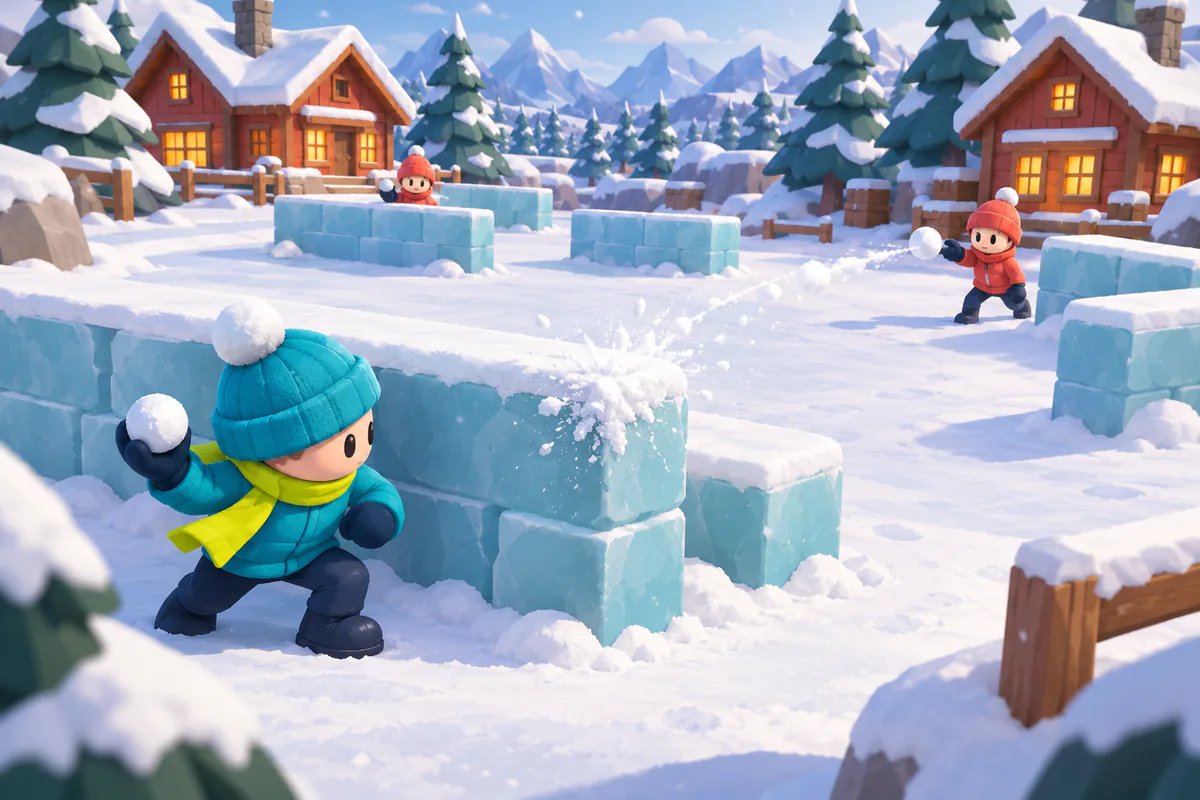 Illustrazione: personaggio al riparo di una barriera di ghiaccio nell’arena innevata