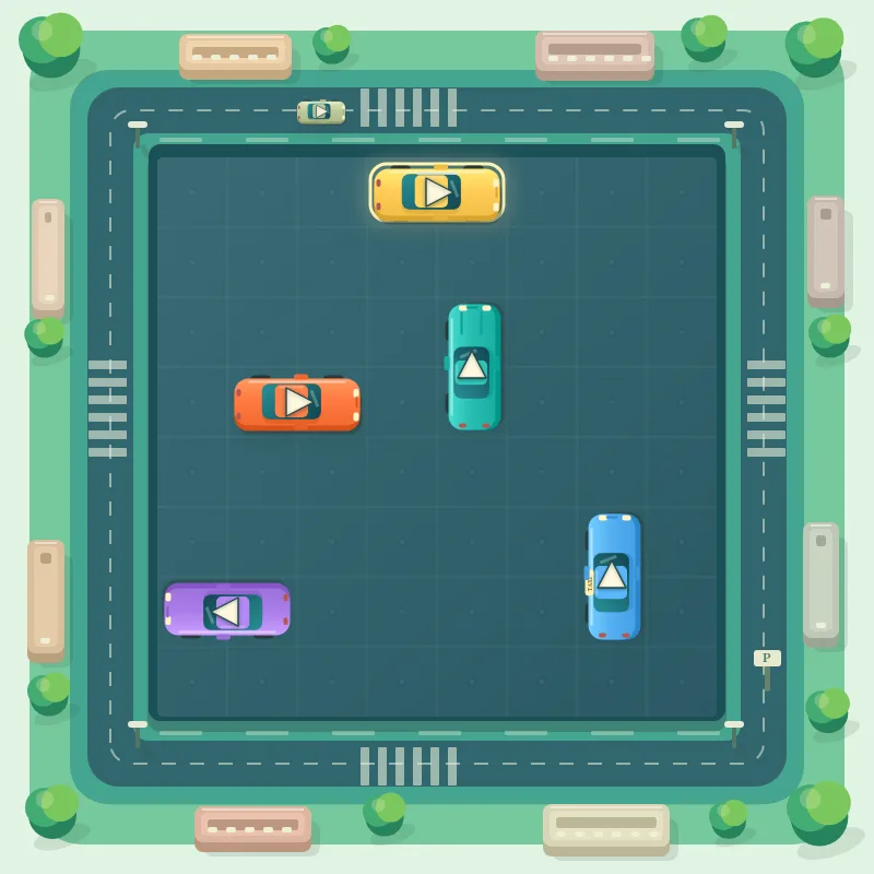 Tiny Traffic Level 1: Der Hinweis hebt das gelbe Auto hervor, dessen Weg nach rechts frei ist.